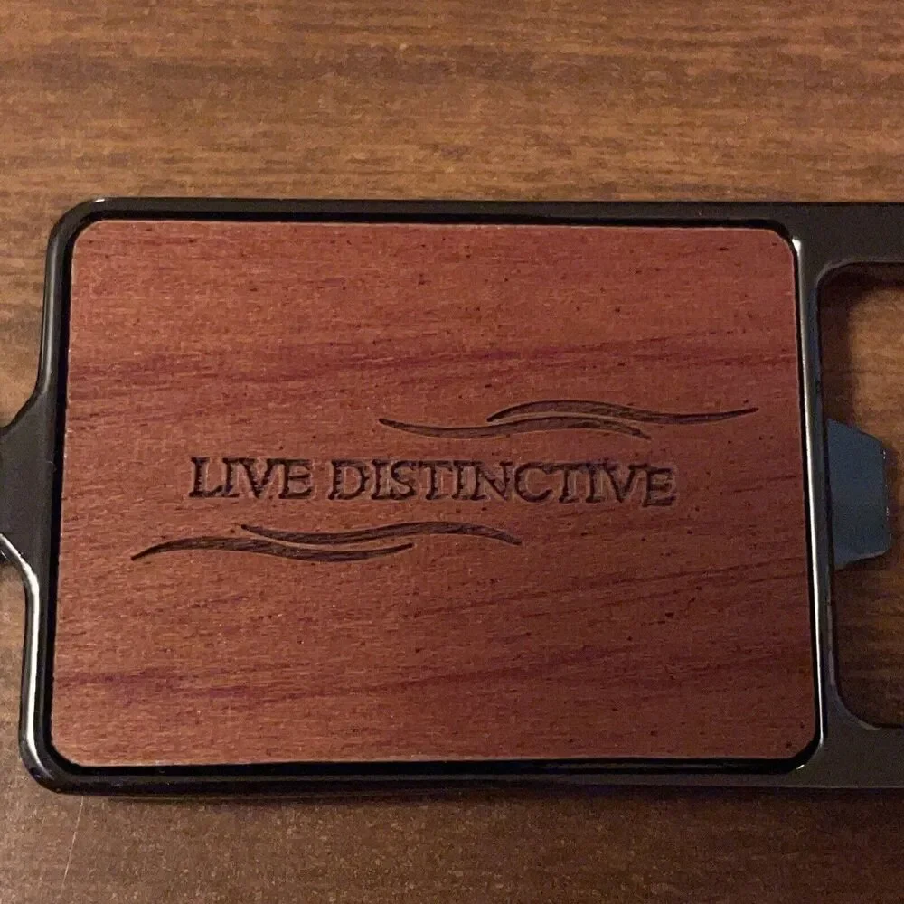 New In Box Dark Bronze Bottle Opener Key Ring Wood Inset Live Distinctive
